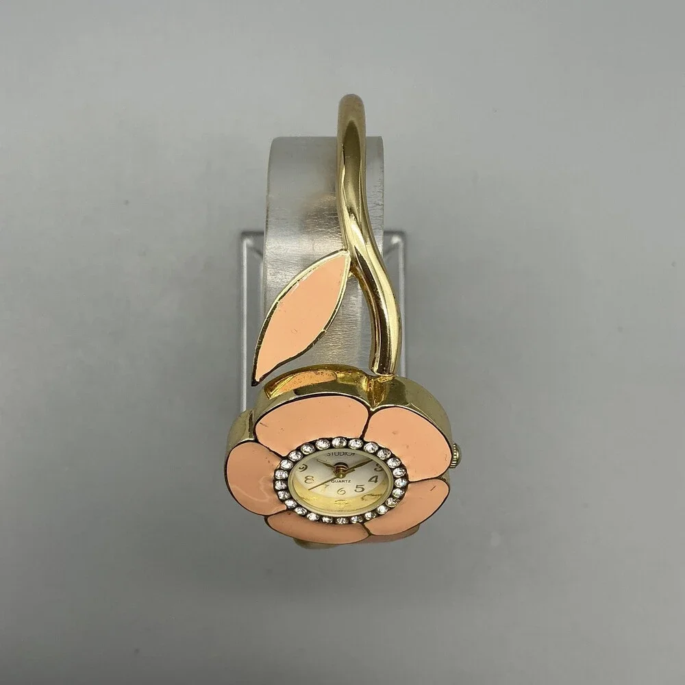Studio Time Womens Watch 29mm Pink Flower Crystals Hinged Bangle New Batt